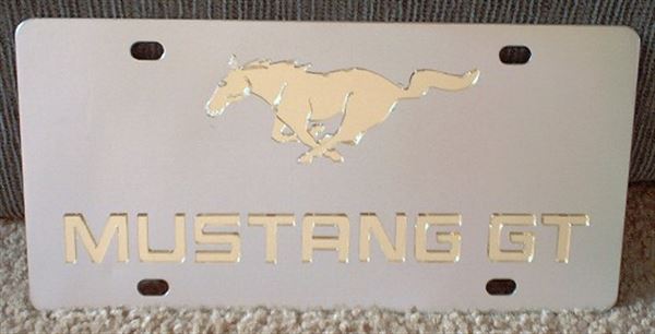 Mustang GT script w/ running horse Gold s/s plate